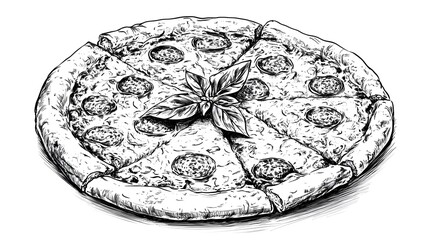 Hand-Drawn Illustration of Delicious Pepperoni Pizza with Basil Leaves