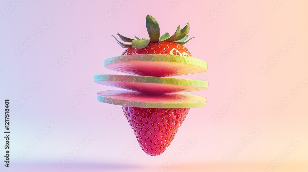 Poster sliced strawberry with pink and green hues floating against a vibrant gradient backdrop, creating a 