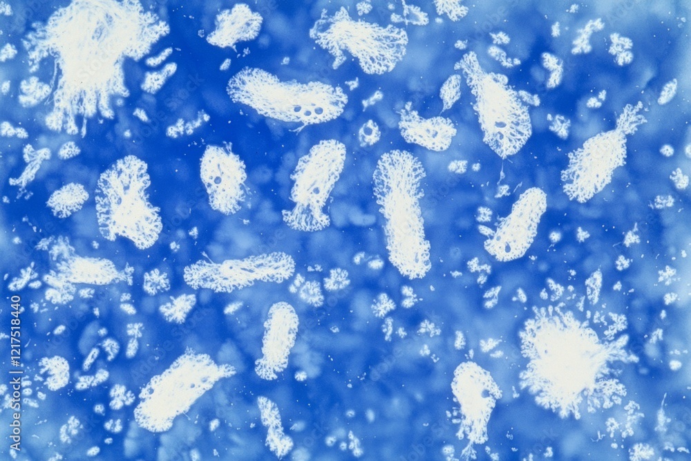Poster spreading white ink across a vibrant blue background, creating dynamic abstract shapes and unique ar