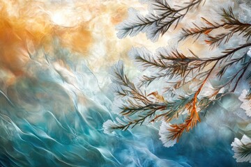 Frozen pine branch artfully displayed against a swirling teal and orange abstract background.