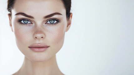 Naklejka premium Close-up portrait of beautiful young woman with clear skin and freckles, showcasing natural beauty and healthy skincare routine on white background