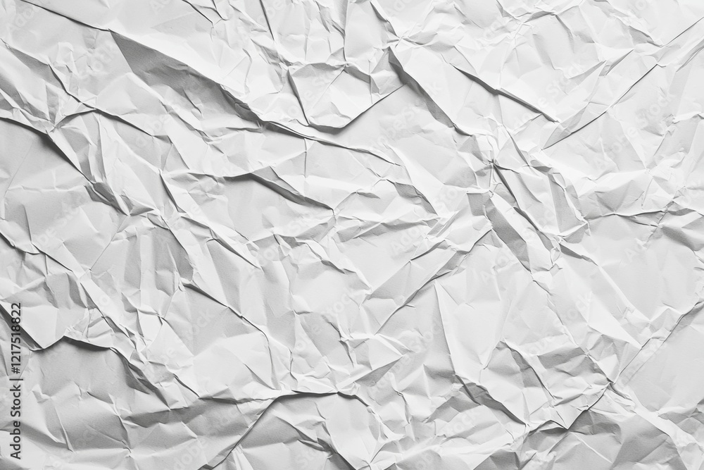Poster white crumpled paper provides a textured background, forming an abstract pattern of wrinkles and fol