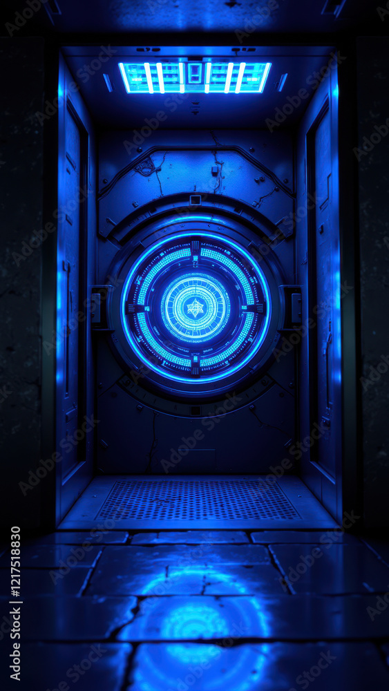 Poster blue lights illuminate a metallic room with a reflective floor leading to an intriguing circular dev