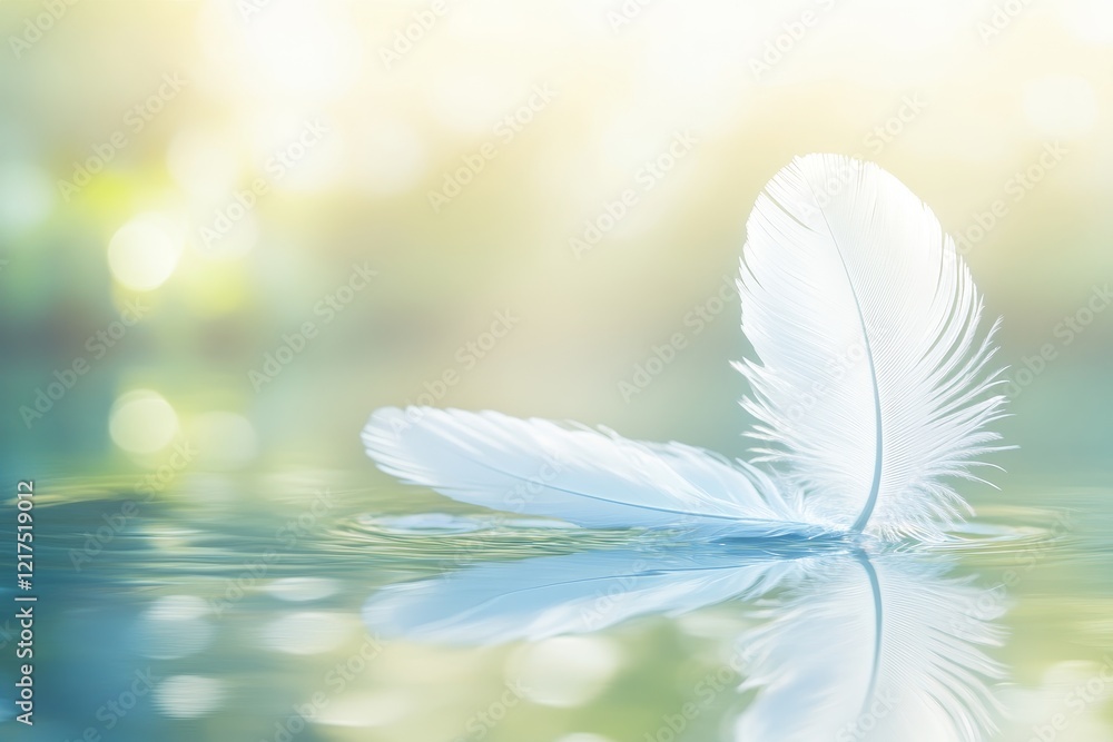 Aufkleber serene water reflection of a delicate white feather on a calm surface with soft bokeh lighting creat
