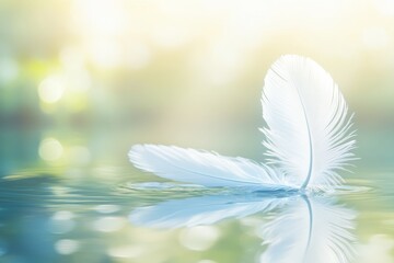 Naklejka premium Serene Water Reflection of a Delicate White Feather on a Calm Surface with Soft Bokeh Lighting Creating a Tranquil Atmosphere of Peace and Purity