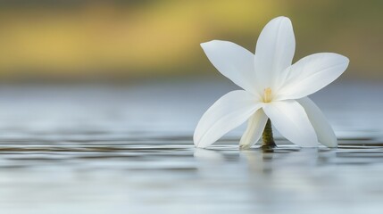 Serene White Blossom Floating on Calm Water Surface with Blurred Green Background, Natural Beauty, Tranquility, Peaceful Atmosphere, Perfect for Relaxation Themes