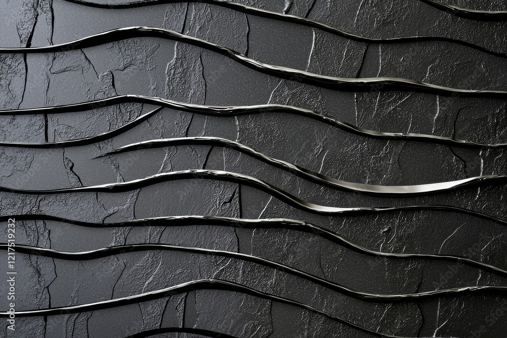 Poster horizontal wavy black lines with shiny reflections flowing on a dark gray textured background creati