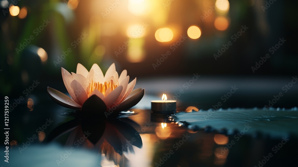 Poster serenity of a water lily and candle reflection at dusk with soft bokeh lights creating a peaceful at