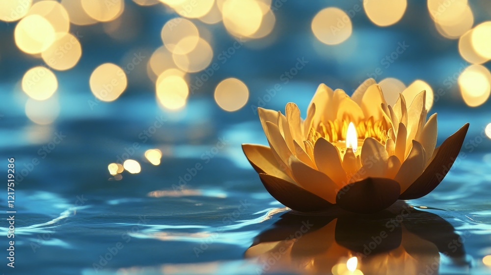 Poster serenity of a floating blooming lotus flower illuminated by gentle candlelight against a dreamy back