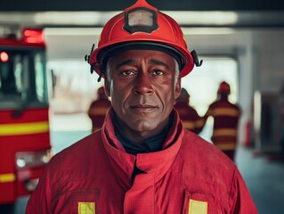 Middle-aged man in firefighter suit at fire station