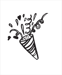 Party event staff doodle artistic, festive elements, cofetti cone, cute objects, birthday decorations, simple doodles, gifts, black and white