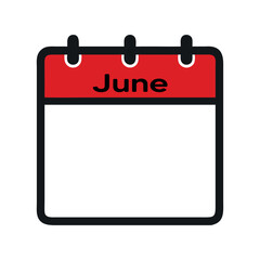 Calendar icon,  june,, red and black design, minimalist, flat illustration, graphic design, simple shapes, clean lines, digital art, vector style, white background