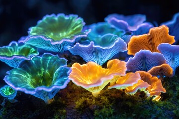Vibrant bioluminescent mushrooms glowing in the dark forest, showcasing diverse colors and textures.