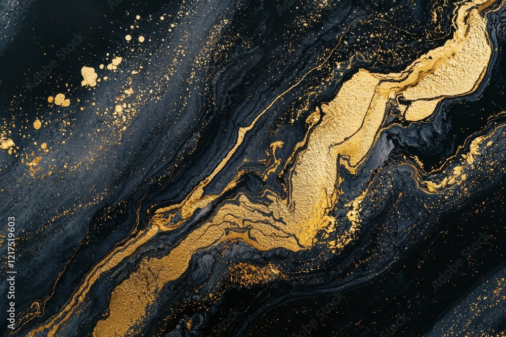 Poster black and gold abstract fluid art painting capturing the essence of an outer space nebula, featuring