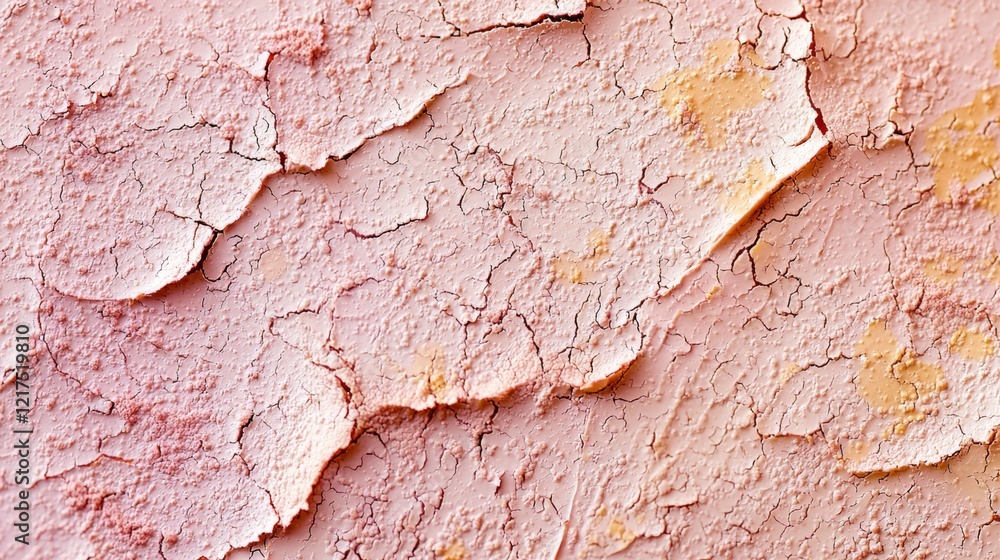Poster close-up view of cracked pink paint revealing an intricate texture, forming an abstract pattern suit