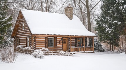 Cozy winter cabin with snow-covered roof and warm interior. Emphasizing winter comfort and cabin coziness, ideal for winter and cabin imagery with a focus on rustic and inviting settings.
