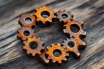 Rusty gears interlocked in a circular pattern on a dark wooden surface, signifying teamwork and mechanics.
