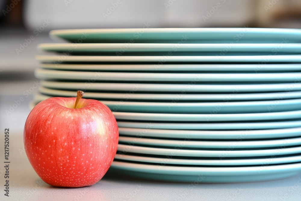 Poster single red apple on table next to stack of plates, showcasing freshness and simplicity in a modern k