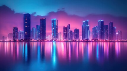 Obraz premium Neon Coastal City Skyline with Glowing Lights Reflection