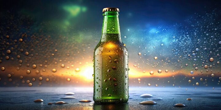 3D-rendered 33cl beer bottle packshot; water droplets highlight its form in low-light, on a white background.