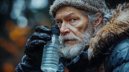 Senior hiker drinks water in cold forest.