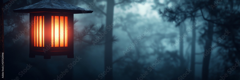 Poster soft glow of lantern in misty forest at dusk, illuminating tranquil path surrounded by tall trees an