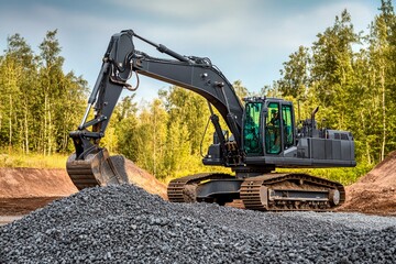 Excavator skillfully digging gravel at a construction site surrounded by lush trees