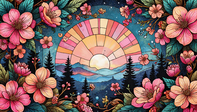 Colorful spring equinox celebration background with blooming flowers and a rising sun