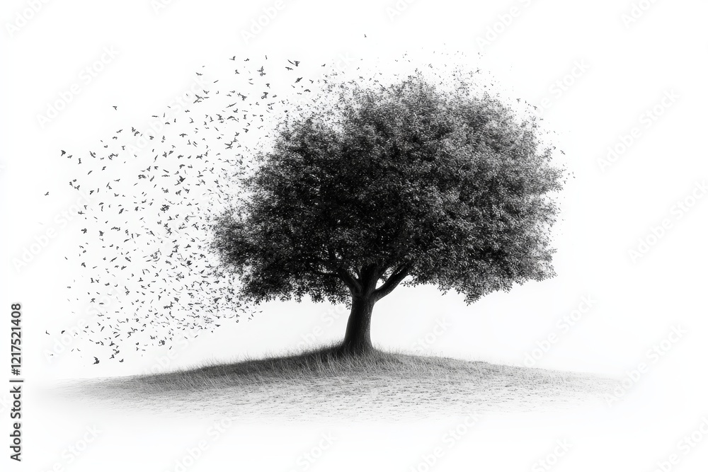Poster artful tree dissolving into birds against a minimalist white background in a tranquil setting