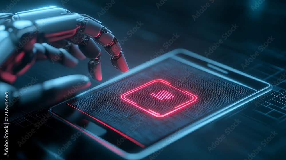 Poster robot interacts with tablet, red light illuminates technological advancement and artificial intellig