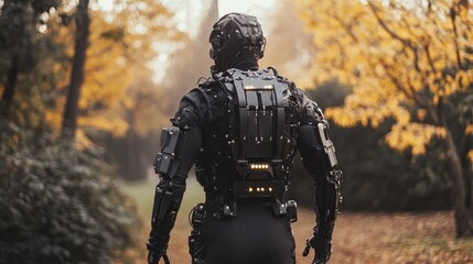 Fototapeta premium Cybernetic Wanderer in Autumnal Park: A Futuristic Vision