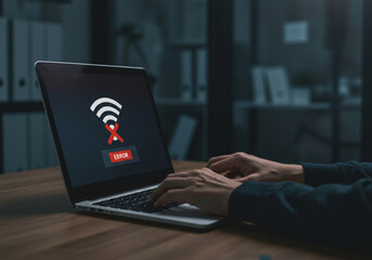 LAPTOP, HANDS AND NO INTERNET CONNECTION FOR PROBLEM, ERROR, TECHNOLOGY AND FAILURE. COMPUTER, SCREEN, WIFI, SIGNAL, NETWORK AND OFFLINE WITH ISSUE, BUG AND ACCESS IN OFFICE, WORKPLACE