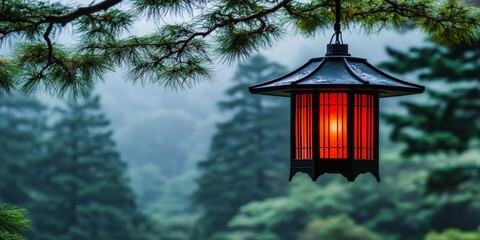 Traditional Japanese Lantern Hanging Among Lush Green Trees in Misty Landscape, Evoking Serenity and Tranquility in Nature Scene