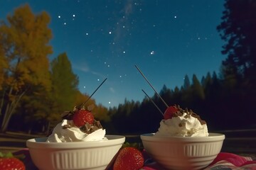 Nightcap under the Stars: Two bowls of decadent strawberry desserts, topped with whipped cream and chocolate shavings, sit under a breathtaking night sky filled with stars and the Milky Way.