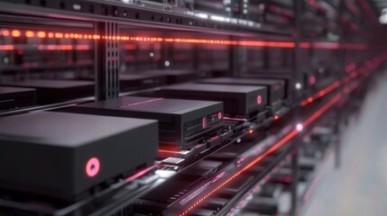 Fototapeta premium An intricate view of an automated inventory system showcasing RFID sensors embedded in racks with animated pulses of 5G signal flowing between the devices.