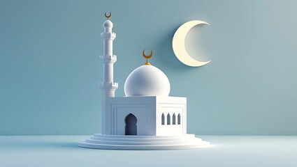 A serene illustration of a white mosque with a crescent moon, symbolizing peace and spirituality.