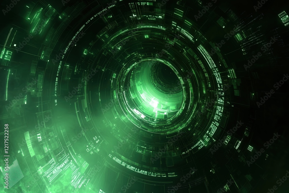 Poster futuristic green digital background with glowing circles and lines, creating an abstract space for t