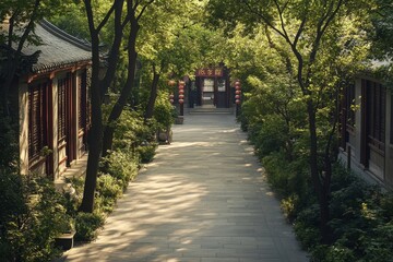 Obraz premium Tranquil Pathway Through Lush Green Garden Surrounded by Traditional Architecture and Illuminated Lanterns in a Serene Setting