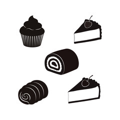 delicious cup chocolate cheese birthday cream cake hot dog  pudding and bakery baked food item silhouette icon collection set vector art flat design illustrations