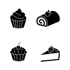 delicious cup chocolate cheese birthday cream cake hot dog  pudding and bakery baked food item silhouette icon collection set vector art flat design illustrations