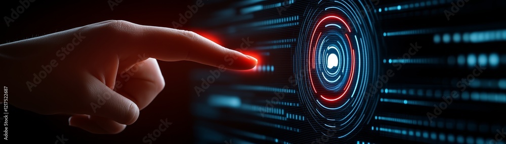 Poster hand activates digital command, touching a screen button to initiate an action, connecting human int