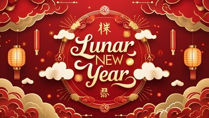 Naklejka premium A vibrant illustration celebrating the Lunar New Year, featuring red lanterns, ornate patterns, and a festive atmosphere.