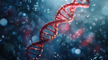 Red DNA double helix spiral surrounded by soft light bokeh and bubbles, creating a dreamy blue scene