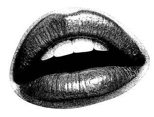 Female mouth with halftone stipple effect, for grunge punk y2k collage design. Black lips and mouth photocopy effect