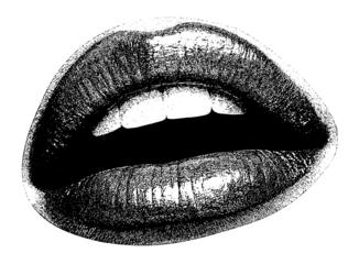 Female mouth with halftone stipple effect, for grunge punk y2k collage design. Black lips and mouth photocopy effect