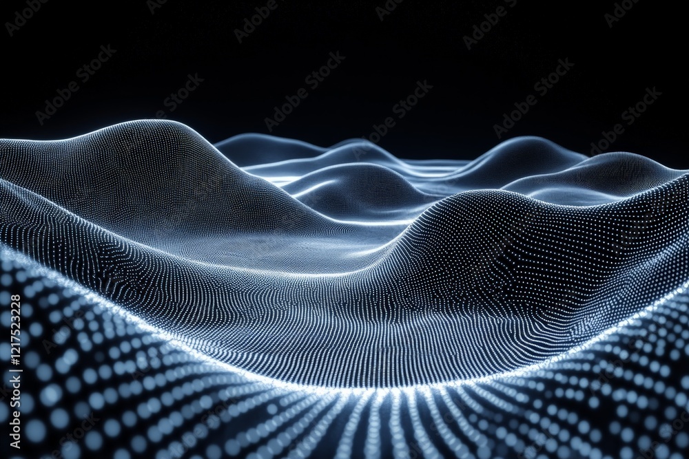 Poster digital landscape features illuminated waves of dots and lines against a dark background