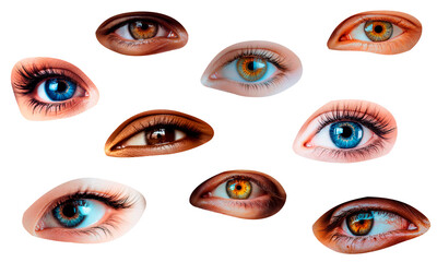 Set of human eyes on white isolated background. Cut-out elements