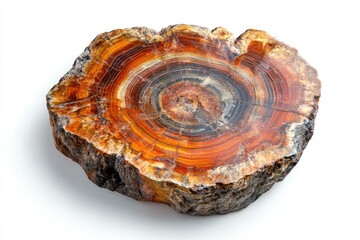 A stunning cross-section of petrified wood showcasing vibrant orange, brown, and grey rings.