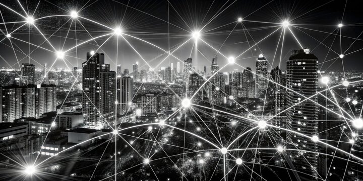 23h:  Abstract urban exploration; glowing networks, dots, and lines pierce the dark cityscape's night.