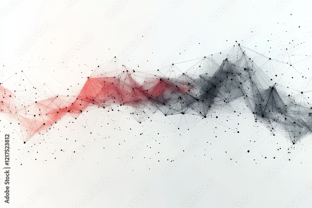 Poster abstract digital art with network connections and wave patterns in red and black colors